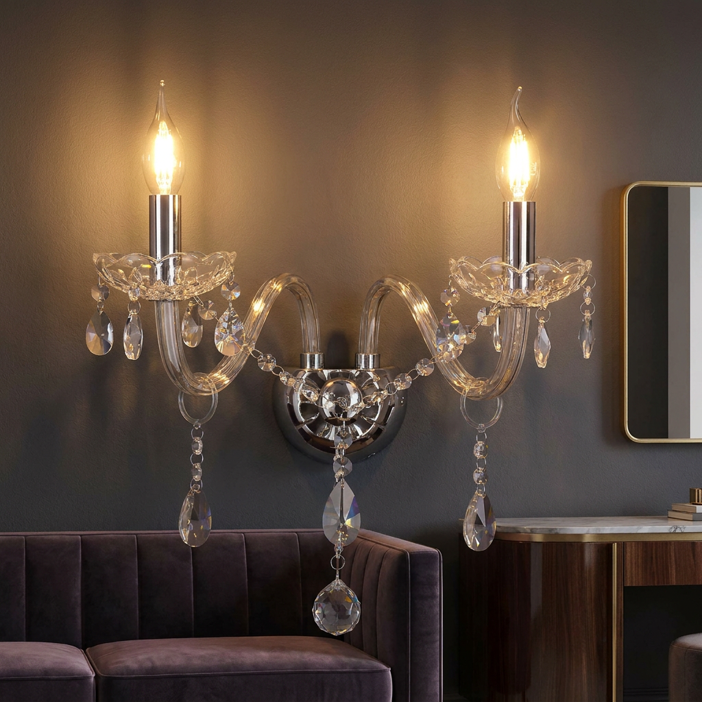 Applique murale Lustre cristal 2 lampes allumée dans un intérieur chaleureux