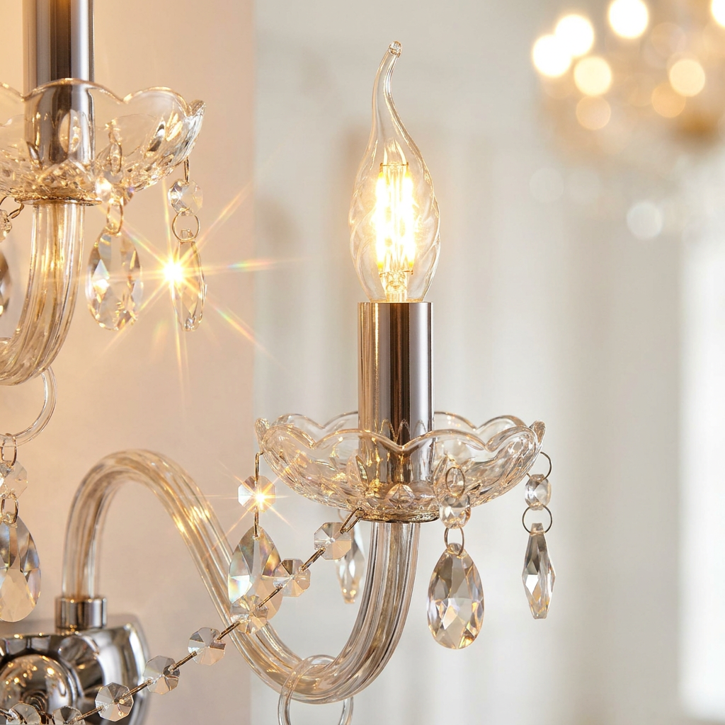 Applique murale Lustre cristal 2 lampes, gros plan sur la lumière
